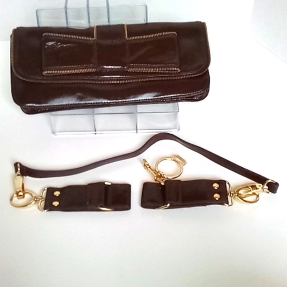 Brown Patent Leather Clutch Bag with Bow and Strap - Picture 5 of 9